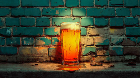 Frosted glass of golden beer illuminated by warm orange light in an industrial setting with textured brick wall and glowing bulb.の素材