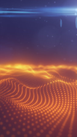 Abstract glowing orange digital wave landscape made of dotted particles, representing data flow,...