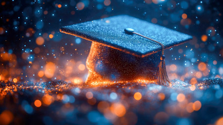 Abstract glowing graduation cap on digital sparkles, symbolizing academic success, technology, and future learning.の素材