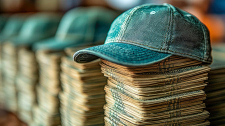 A weathered baseball cap rests atop massive stacks of old dollar bills, evoking themes of hidden fortune or old wealth.の素材