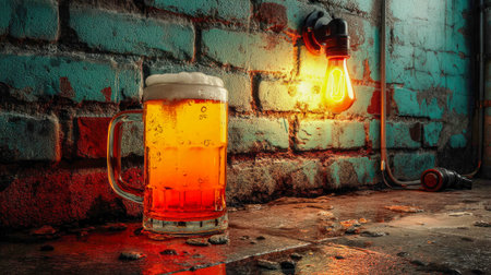 Frosted glass of golden beer illuminated by warm orange light in an industrial setting with textured brick wall and glowing bulb.の素材