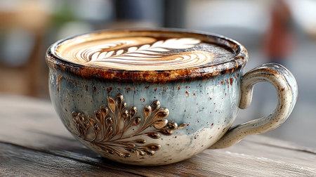 Artisan latte with leaf foam art in a textured vintage ceramic cup on a wooden table, evoking a cozy cafの素材