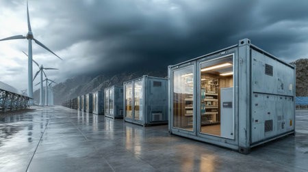 Modern energy storage station with solar panels and wind turbines in a mountain forest environment/の素材