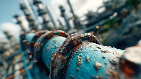 Close-up of a large blue industrial pipeline with water droplets, emphasizing infrastructure and energy systems.の素材