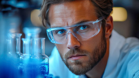 A focused scientist wearing protective eyewear examines blue liquid samples in a laboratory setting.の素材