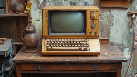 A vintage desktop computer sits on a wooden desk surrounded by plants and office supplies, evoking nostalgia for old technology in a warm, retro workspace.の素材