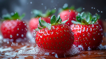 Fresh strawberries splashing in water, captured mid-motion with vibrant colors and crisp details, ideal for food, freshness, or summer-themed visuals.の素材