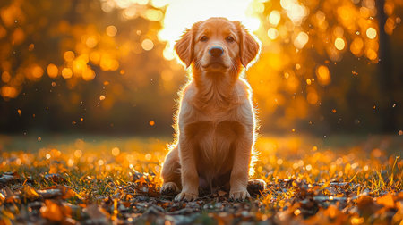 Adorable golden retriever puppy sitting in a sunlit park with autumn leaves and soft golden bokeh in the background.の素材