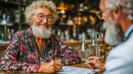 Elderly couple signing medical documents at a wooden table with a stethoscope, showcasing healthcare decisions and senior lifestyle.の素材