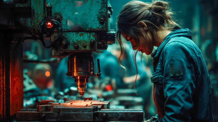 Female factory technician operating a metal machine tool, focused on precision work in an industrial setting.の素材