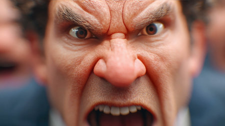 Close-up of an angry man yelling with intense facial expression, veins and wrinkles showing high emotion.の素材