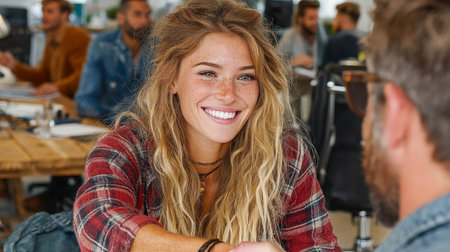 Smiling woman in casual business attire warmly greeting a colleague with a handshake in a modern open office setting.の素材
