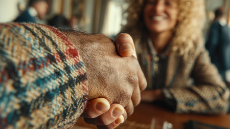 Close-up of a warm handshake between two people in a cozy environment, symbolizing agreement, trust, and cooperation.の素材