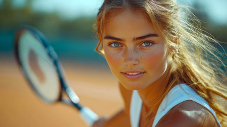 Athletic woman playing tennis, reaching forward to hit the ball with intense focus during an outdoor match.の素材