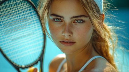 A young athletic woman with blue eyes and freckles holds a tennis racket, preparing to hit a ball, with a focused expression.の素材