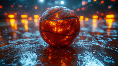 A basketball on a wet outdoor court, illuminated by glowing city lights. The detailed texture of the ball contrasts with the smooth reflections of rainwater.の素材