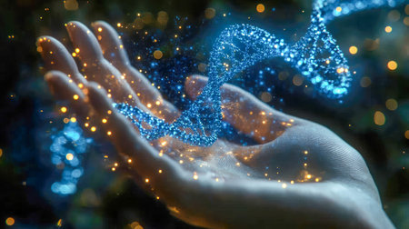 A human hand holding a glowing digital DNA helix surrounded by sparkling particles. A futuristic concept of genetics and biotechnology.の素材