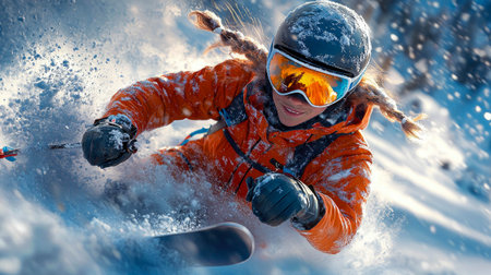 A smiling female snowboarder in an orange jacket carving through fresh snow in the mountains.の素材