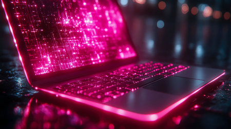 A futuristic laptop with glowing pink holographic interface in a neon-lit cyberpunk city.の素材