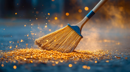 A close-up of a broom sweeping golden dust particles, creating a magical glow in the air. Warm lighting and motion blur enhance the scene.の素材