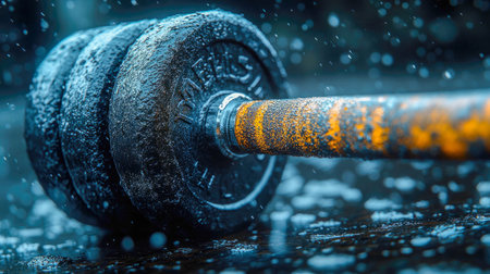 A frosted barbell with chalk dust in a cold environment, symbolizing intense strength training, discipline, and resilience.の素材