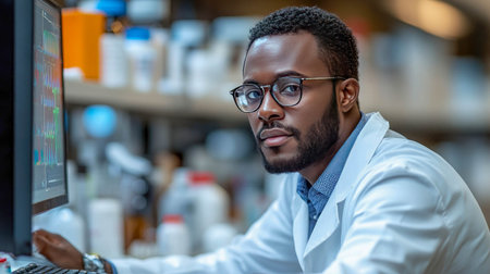 Side view of a medical scientist analyzing brain scans on high-tech monitors in a lab.の素材