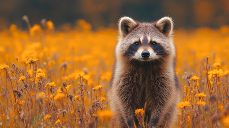 Close-up of a raccoon with detailed fur surrounded by golden autumn plants in a natural meadow.の素材