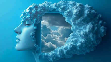 A surreal paper cutout head with an open brain area revealing clouds, symbolizing imagination, creativity, and open-mindedness.の素材