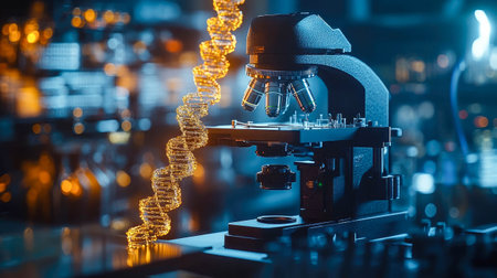 DNA helix illuminated with golden lights in a scientific laboratory with futuristic blue lighting.の素材