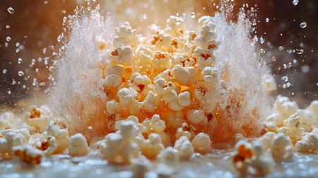 A dramatic close-up of popcorn exploding with vibrant orange lighting and scattered kernels in mid-air.の素材
