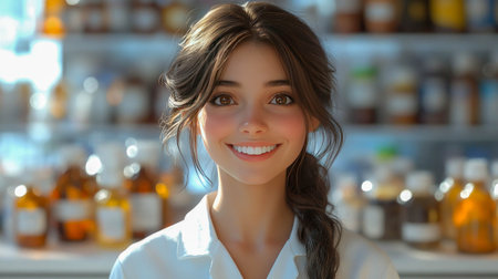 Close-up of a smiling female pharmacist inside a pharmacy. Shelves with medication and healthcare products in the blurred background.の素材