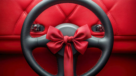 A black car steering wheel wrapped with a festive red bow, set against a red quilted background, symbolizing celebration and luxury.の素材