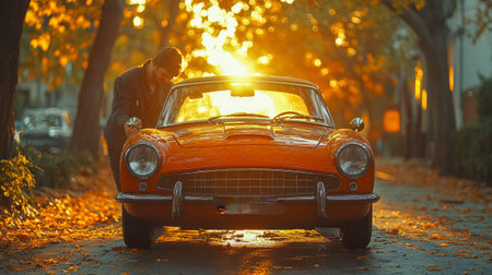 Classic orange car parked on a tree-lined street with autumn leaves and glowing sunlight, creating a nostalgic and warm atmosphere.の素材