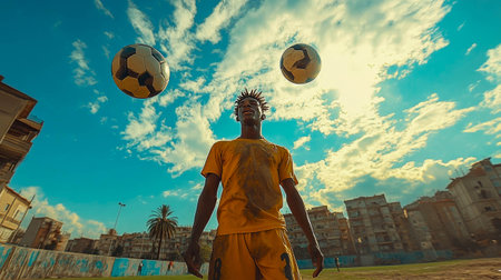 Footballer juggling two soccer balls under a bright blue sky.の素材