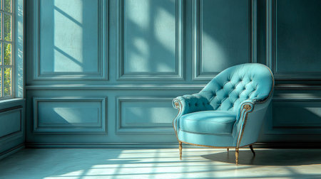 A serene, light gray room interior with a classic pastel blue armchair. Natural sunlight streams through large windows, highlighting the chair and decor.の素材