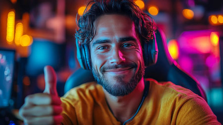 Cheerful man with headphones giving a thumbs-up in a vibrant gaming setup. Background lights enhance the atmosphere.の素材