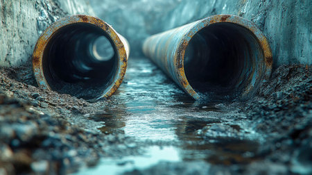 Close-up view of a plastic sewer pipe laid in a trench at a construction site, water running through it.の素材