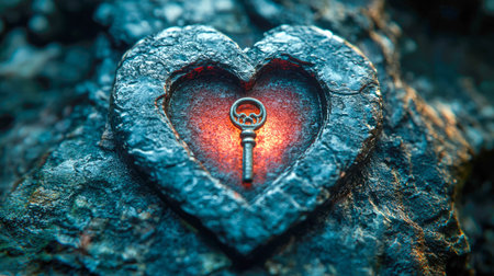 A rustic heart-shaped frame with a glowing background and a vintage key hanging in the center, symbolizing love and mystery.の素材