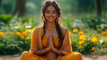 Smiling woman meditating outdoors by a pond, surrounded by lush greenery and natural light, radiating serenity and positivity.の素材