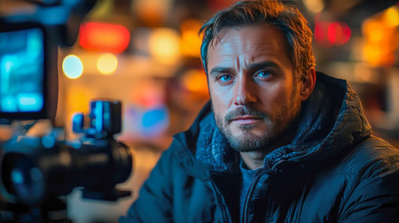 Close-up of man with professional camera in vibrant urban lighting.の素材