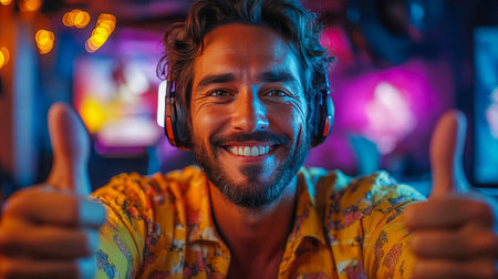 Cheerful man with headphones giving a thumbs-up in a vibrant gaming setup. Background lights enhance the atmosphere.の素材
