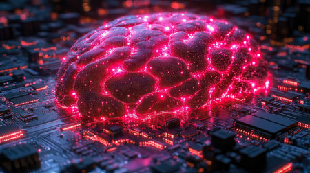 A glowing neon brain over a circuit board, symbolizing artificial intelligence, neural networks, and futuristic technology.の素材