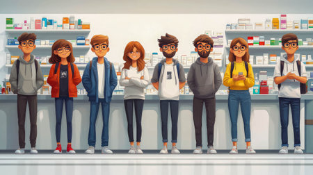 Group of young adults standing inside a modern pharmacy. Shelves filled with medicine and healthcare products in the background.の素材