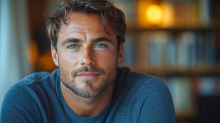 A confident man with a charming smile relaxes in a cozy interior with a warm ambiance, emphasizing calm and approachability.の素材