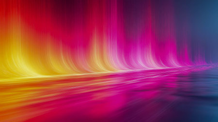 Abstract flowing waves of vibrant pink, yellow, and orange light gradients. Smooth textures create a mesmerizing, energetic design.の素材
