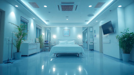A serene, well-equipped hospital room with a clean white bed, soft lighting, and greenery for a calming atmosphere.の素材