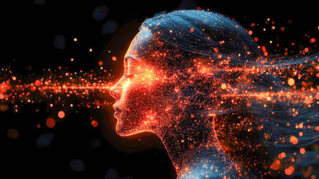 A glowing futuristic human profile with neural network-like structures, symbolizing artificial intelligence and technology.の素材