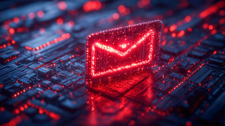 A luminous digital envelope icon with sparkling particles, symbolizing email technology, communication, and fast data exchange in a futuristic style.の素材