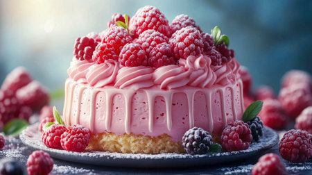 Delicious berry cake with whipped cream, fresh raspberries, and red currants. A perfect treat for celebrations and sweet moments.の素材