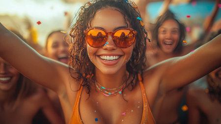 Smiling woman at a festive outdoor celebration, wearing sunglasses and surrounded by colorful confetti and joyful friends.の素材